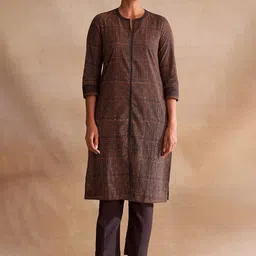 W The Folksong Collection Women Brown Ethnic Motifs Printed Pure Cotton Anarkali Kurta-27