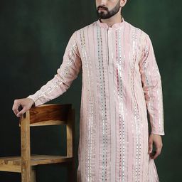 SOJANYA LUXE Striped Mandarin Collar Sequins Georgette Straight Kurta-image-85