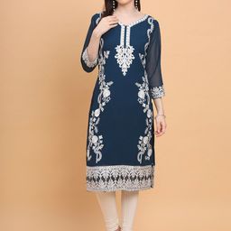HERE&NOW Teal Ethnic Motifs Embroidered Georgette Kurta-picture-48