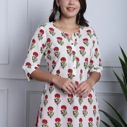 Grancy Floral Printed Round Neck Cotton Straight Kurti-image-7