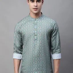 Anouk Teal & Red Ethnic Motif Printed Band Collar Short Kurta-picture-29
