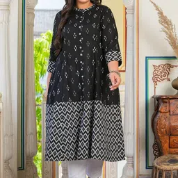KALINI Plus Size Geometric Printed Mandarin Collar Cotton A-line Kurta-23