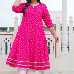 KALINI Plus Size Floral Printed Round Neck A-Line Kurta-14