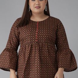 KALINI Plus Size Geometric Printed Cotton Empire Kurti-18