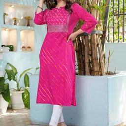 KPF Leheriya Printed Notch Neck Gotta Patti Pure Cotton Straight Kurtas-26
