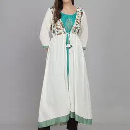 RANGMAYEE Floral Embroidered Liva Beads And Stones Round Neck Layered A-Line Kurta-23