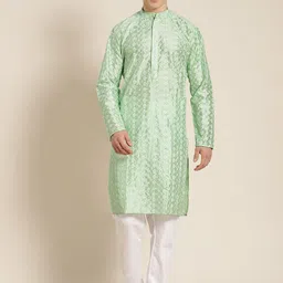 SOJANYA Men Sea Green & White Ethnic Motifs Embroidered Kurta-image-20