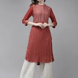W Women Red & White Striped Woven Design Roll-Up Sleeves A-line Kurta-image-38