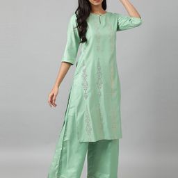 W Women Green Geometric Embroidered Keyhole Neck Kurta-picture-2