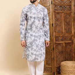 House of Pataudi Abstract Embroidered Mandarin Collar Cotton Straight Kurta-25