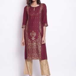 W Women Maroon Floral Printed Keyhole Neck Kurta-image-92