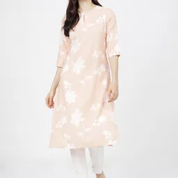 KETCH Women Beige & White Floral Printed Keyhole Neck Kurta-11