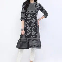 Vishudh Women Black Geometric Printed Keyhole Neck Kurta-40