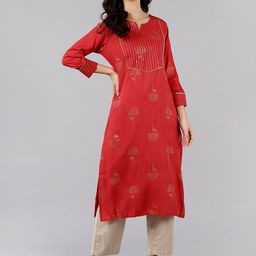 AHIKA Women Red Ethnic Motifs Embroidered Cotton Kurta-image-15