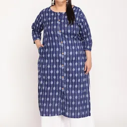 Sringam Women Plus Size Blue Ethnic Motifs PRinted Kurta-image-46