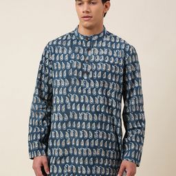 Fabindia Men Blue Paisley Printed Cotton Kurta-image-70