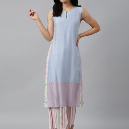 W Women Blue Colourblocked Indie Prints Kurta-picture-23