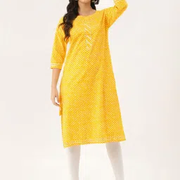Lee Moda Women Yellow Leheriya Work Indie Prints Straight Kurta-image-90