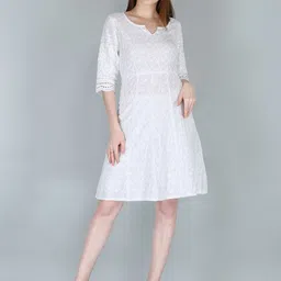 KALINI White Embroidered Chikankari Dress-image-15