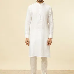 Manyavar Striped Band Collar Linen Straight Kurta-image-75