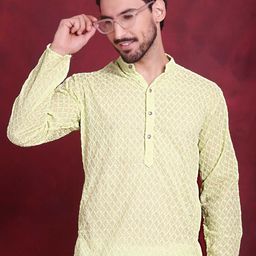 Jompers Ethnic Motifs Embroidered Band Collar Pure Cotton Straight Kurta-image-42