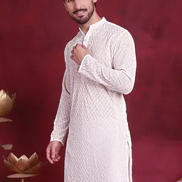Jompers Ethnic Motifs Embroidered Band Collar Chikankari Cotton Straight Kurta-image-88