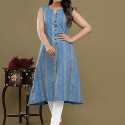 Lerkiza Geometric Printed Notch Neck Sleeveless Pure Cotton A-Line Kurta-image-64