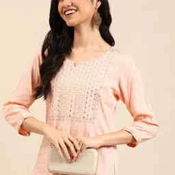 SHOWOFF Women Peach-Coloured Mirror Work Pastels Kurta-picture-3