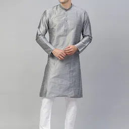 MANQ Men Grey Woven Design Straight Dupion Silk Kurta-image-78