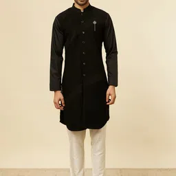 Manyavar Striped Mandarin Collar Straight Kurta-image-97