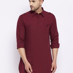 Hypernation Men Maroon Cotton Pathani Kurta-picture-18