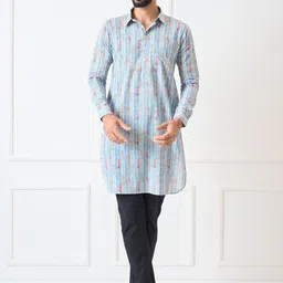 See Designs Shirt Collar Geometric Printed Pure Cotton Pathani Kurta-image-99