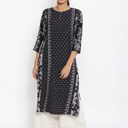 W Women Black Ethnic Motifs Printed Keyhole Neck Kurta-image-44