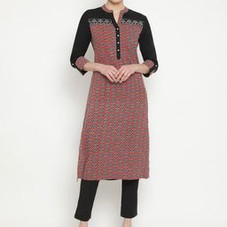 Be Indi Women Mandarin Collar Ethnic Motifs Straight Side Slits Regular Kurta-image-54
