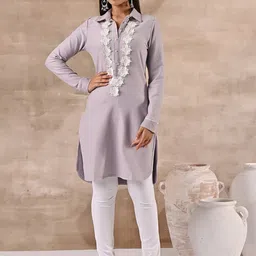 Lakshita Striped Yoke Design Lace Work Woolen Kurti-picture-35