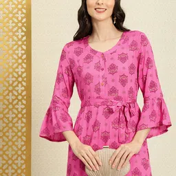 House of Pataudi Women Pink Floral Printed Kurta-image-31