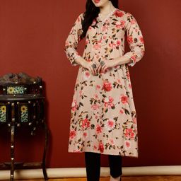Jaipur Kurti V-Neck Floral Printed Linen A-Line Kurta-picture-55