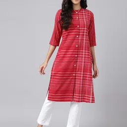 AURELIA Women Red Mandarin Collar Striped Kurta-image-54