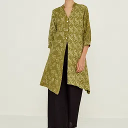 Ancestry Ethnic Motifs Printed Mandarin Collar Asymmetrical Organic Cotton Kurta-picture-30