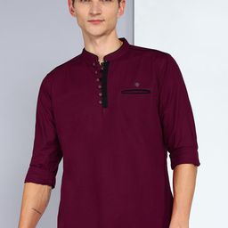 Kuons Avenue Linen Cotton Mandarin Collar Roll Up Sleeve Pathani Short Straight Kurta-picture-22