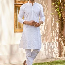 See Designs Striped Embroidered Mandarin Collar Thread Work Cotton Straight Kurta-image-12