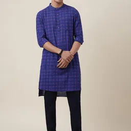 Fabindia Men Blue Floral Printed Cotton High Low Kurta-image-25