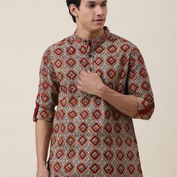 Fabindia Men Red & Beige Kalamkari Cotton Kurta-picture-6