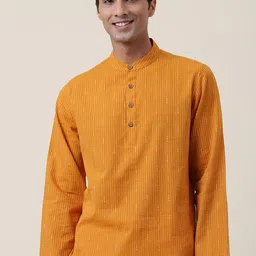 Fabindia Men Mustard Yellow Embroidered Straight Cotton Kurta-picture-7