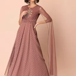 INDYA Women Mauve & Gold-Toned Floral Embroidered Flared Sleeves Thread Work Georgette Anarkali Kurta-picture-7
