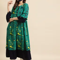RANGMAYEE Women Green & Navy Blue Quirky Printed Bell Sleeves Kurta With Matching Mask-image-99