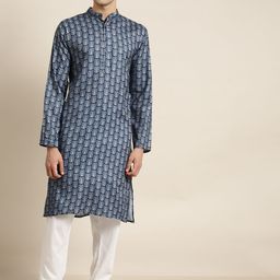 SOJANYA Men Navy Blue & White Ethnic Motifs Printed Pure Cotton Kurta-image-59