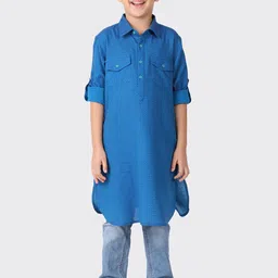 Fabindia Boys Blue Solid Pure Cotton Kurta-picture-51