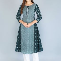 KANNAHI Ethnic Thread Work Block Printed Pure Cotton A-line Kurta-image-87