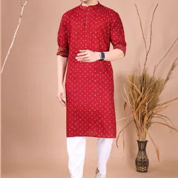 SHIWAM ETHNIX Ethnic Motifs Printed Band Collar Cotton Straight Kurta-24
